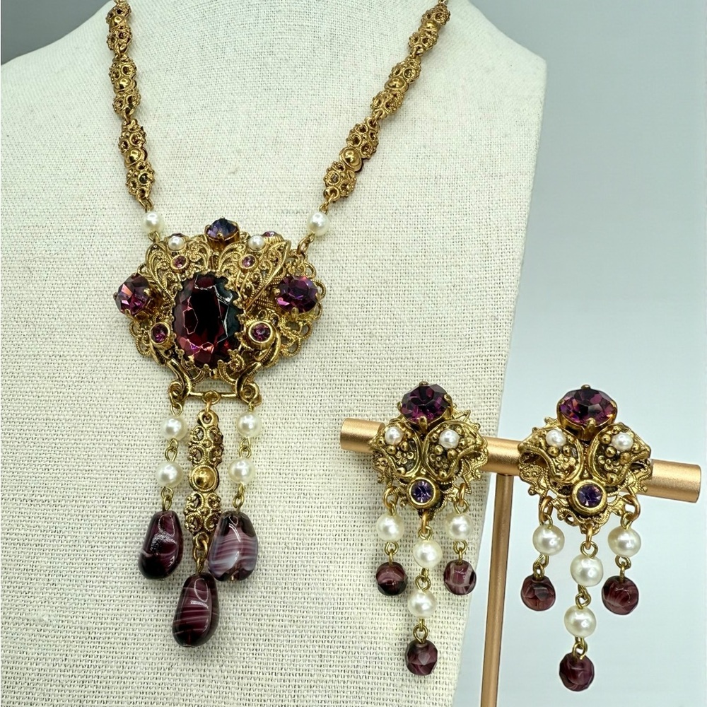 Vintage W Germany Purple Glass Filigree Necklace Earrings Set Parure